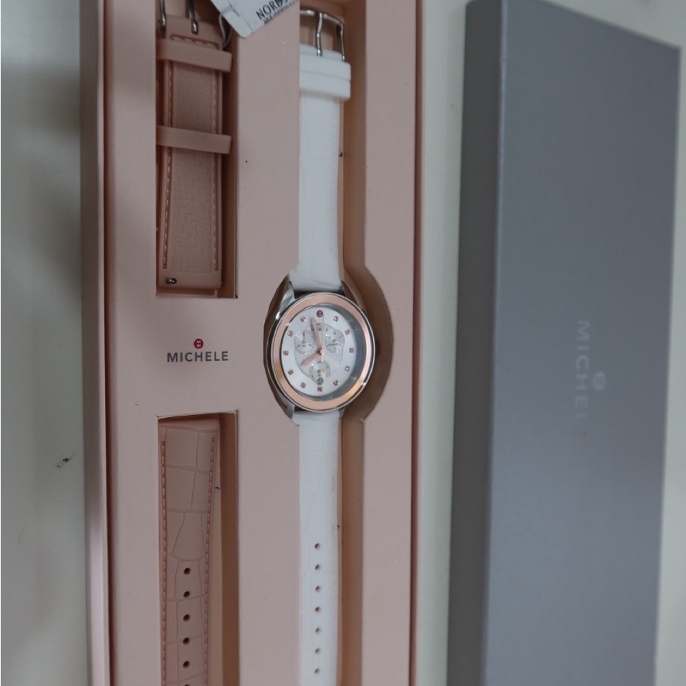 Michele White and Rose Gold Watch